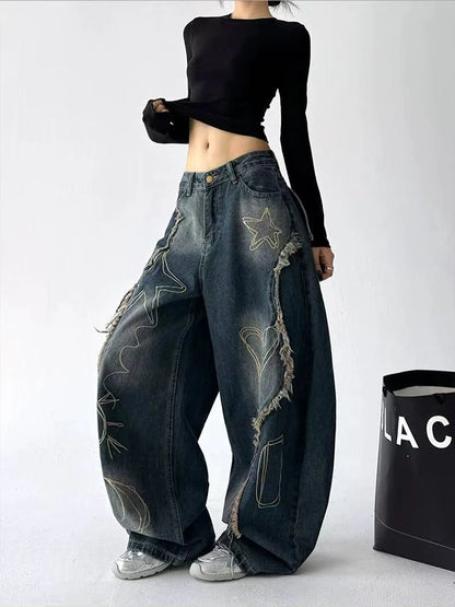 Women's Y2K Wide Leg Embroidered Jeans