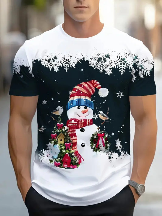 Men’s 3D Snowman Graphic T-Shirt – Casual Christmas Short Sleeve Tee, Holiday Printed Pullover Top