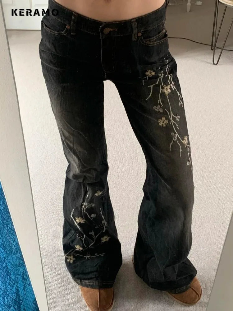 Y2K Floral Embroidery Low Rise Flared Jeans