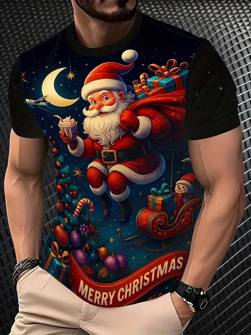 Funny Cartoon Santa Claus Christmas Graphic T-Shirt – Casual Loose Round Neck Short Sleeve Tee for Men & Women