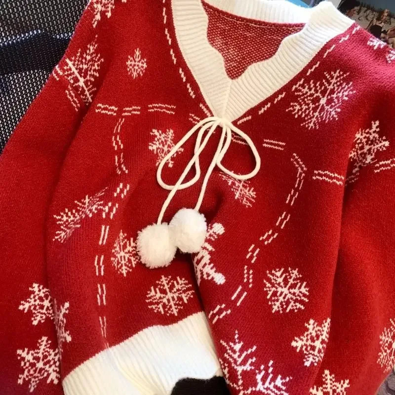Women’s Christmas Knitted Sweater 2025 Vintage Long Sleeve V-Neck Loose Pullover Jumper Autumn Winter