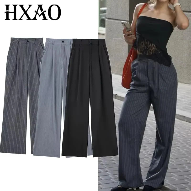 Women’s High-Waist Wide-Leg Suit Pants – Formal Office Wear Striped Trousers