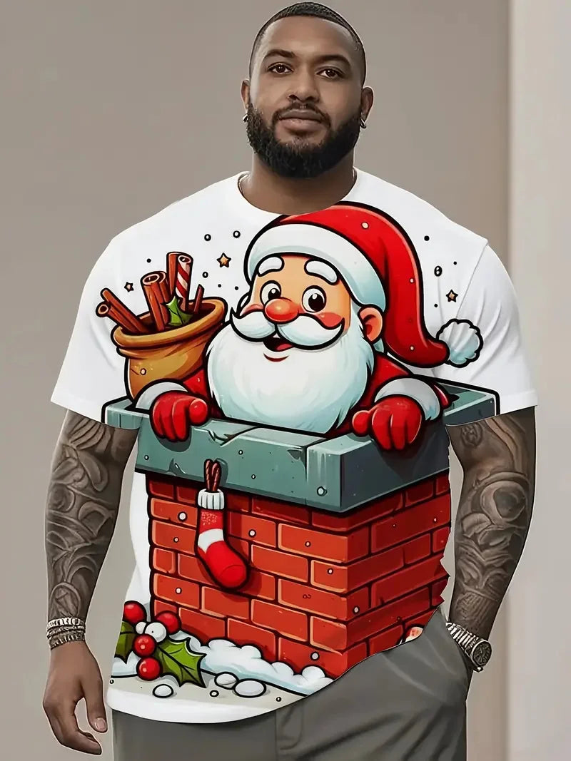 Funny Cartoon Santa Claus Christmas Graphic T-Shirt – Casual Loose Round Neck Short Sleeve Tee for Men & Women
