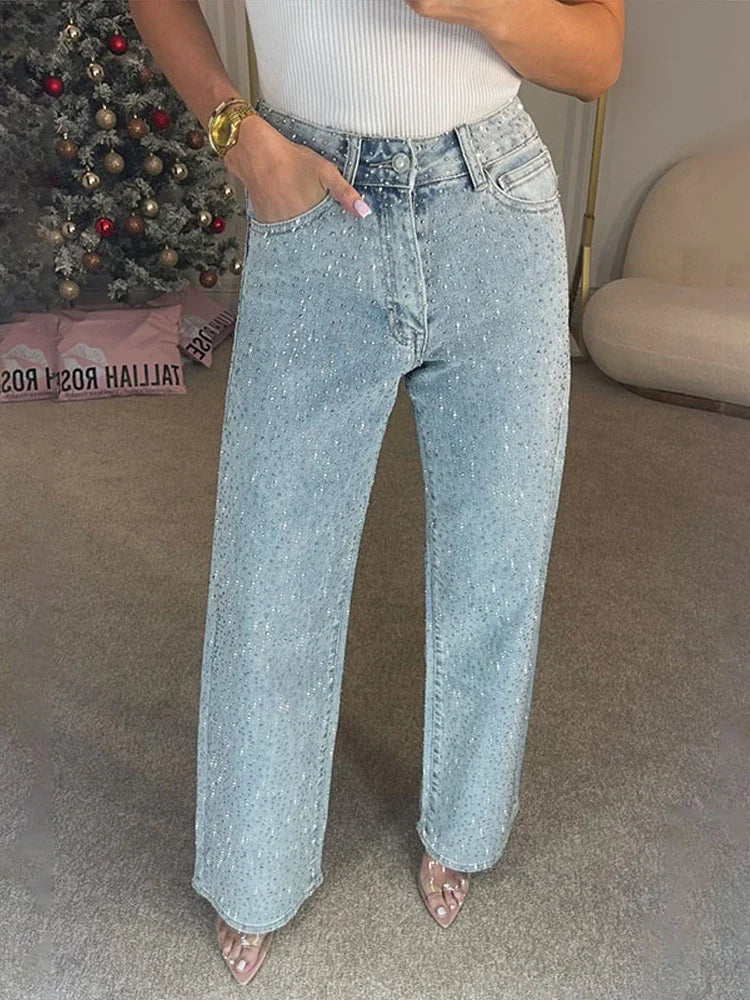 Y2K Women's Rhinestone Wide Leg Denim Jeans