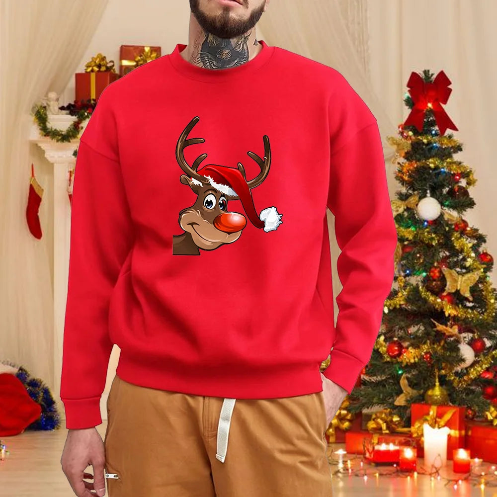Men’s Christmas Elk Sweater – Cute Merry Christmas Red Pullover, Long Sleeve Casual Winter Knit
