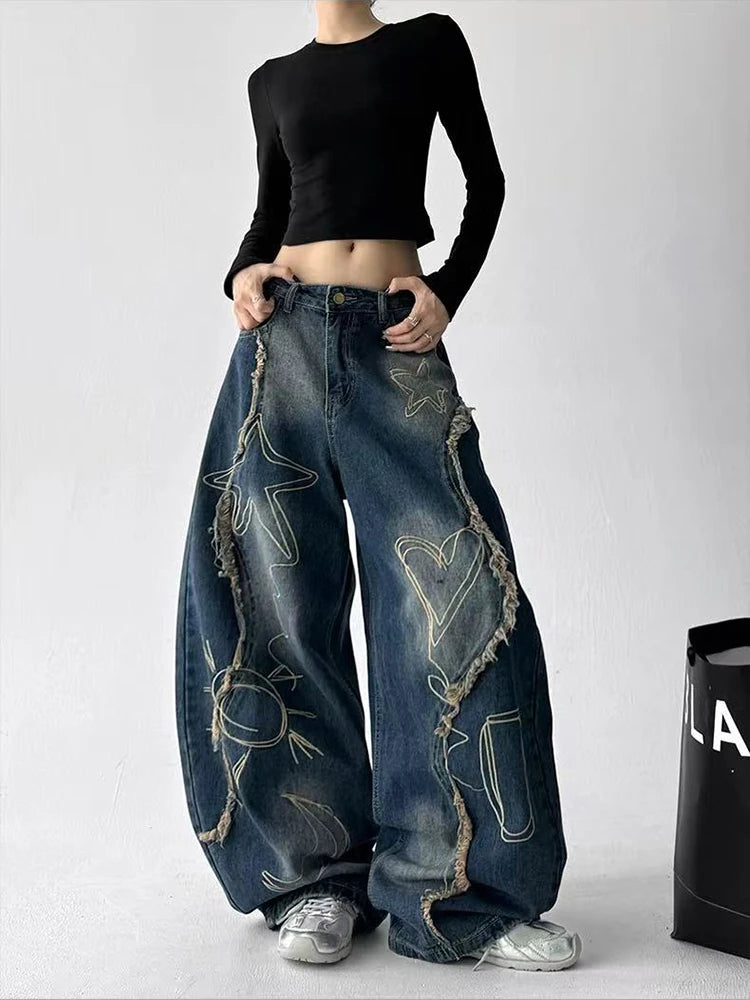 Women's Y2K Wide Leg Embroidered Jeans