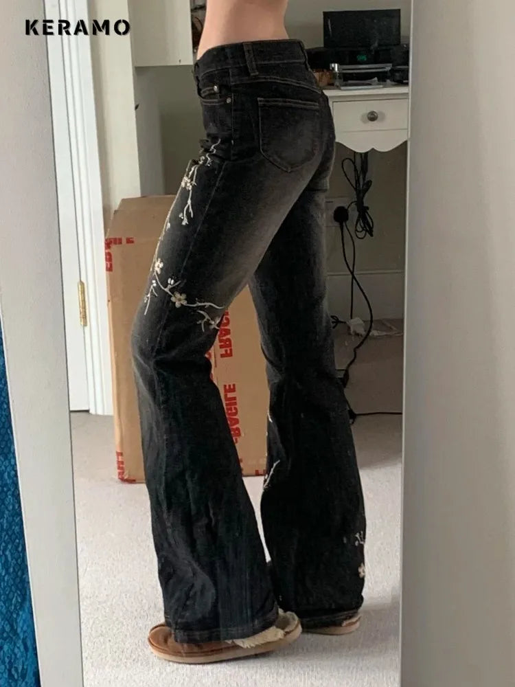 Y2K Floral Embroidery Low Rise Flared Jeans
