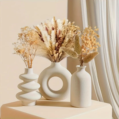 Set of 3 White Ceramic Bohemian Vases