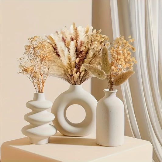 Set of 3 White Ceramic Bohemian Vases