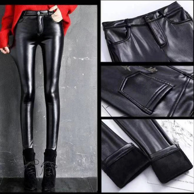 Women's High-Waisted Cashmere PU Leather Leggings