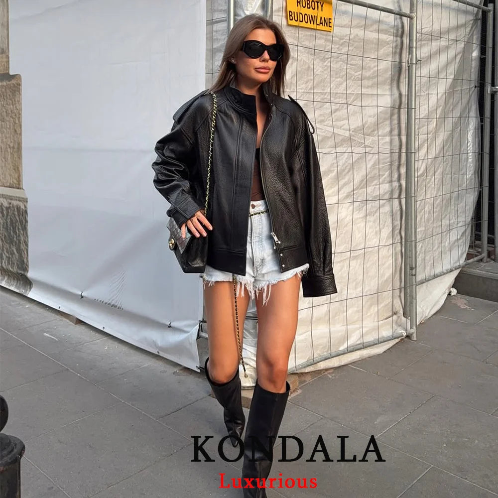 Oversized Black Leather Coat for Women – Casual Chic, Button-Up, Long Sleeve Streetwear Jacket