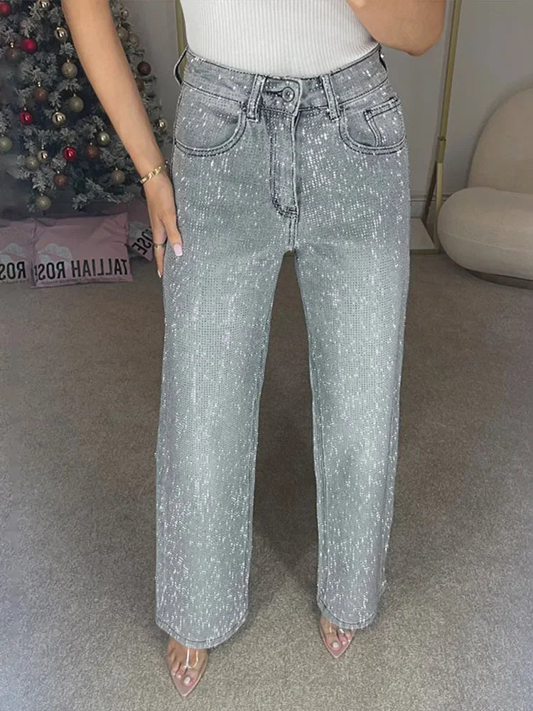 Y2K Women's Rhinestone Wide Leg Denim Jeans