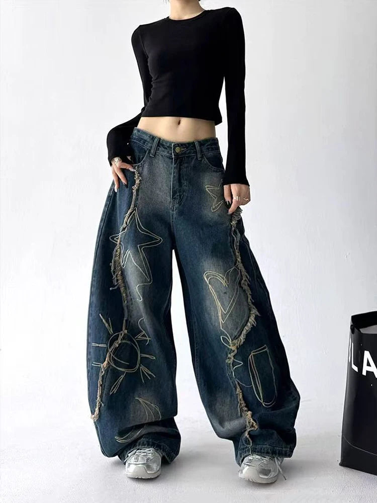 Women's Y2K Wide Leg Embroidered Jeans