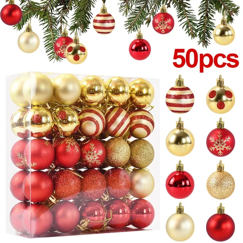 50Pcs Christmas Tree Baubles Set – Red & Gold Hanging Ornaments for Home Decor & New Year 2026