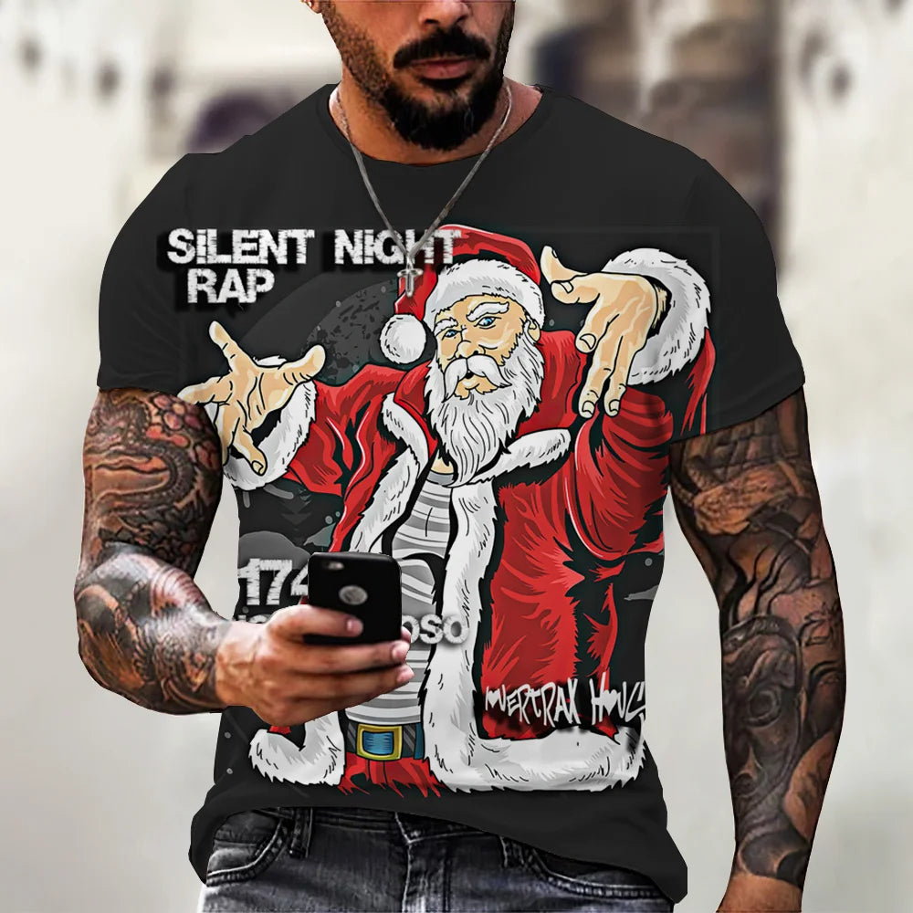 Men’s Christmas 3D Santa Claus Print T-Shirt – Casual Short Sleeve Oversized Holiday Tee, Fashion O-Neck Top for New Year