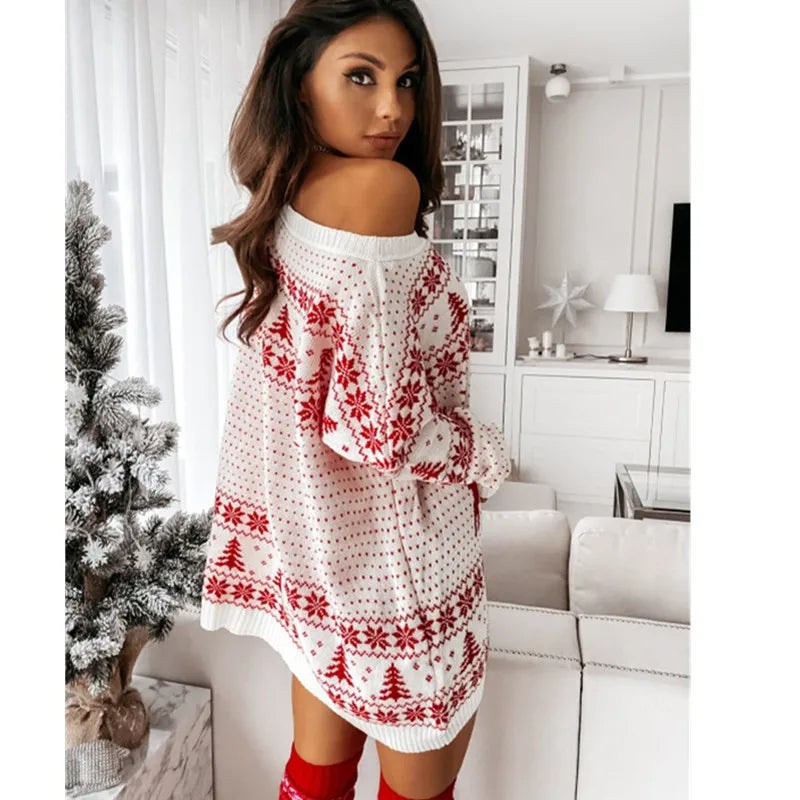 Women's Christmas Slanted Neck Knitted Sweater – Long Sleeve Autumn & Winter Pullover