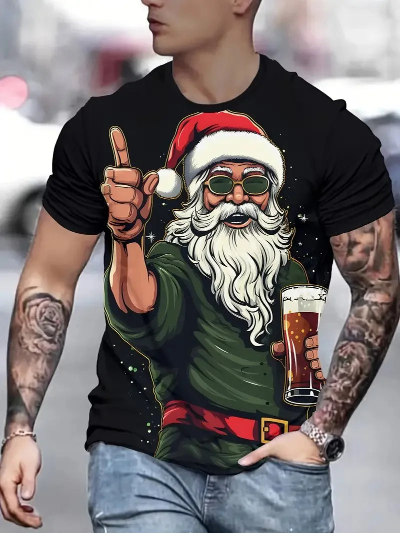 Men’s Christmas 3D Santa Claus Print T-Shirt – Casual Short Sleeve Oversized Holiday Tee, Fashion O-Neck Top for New Year