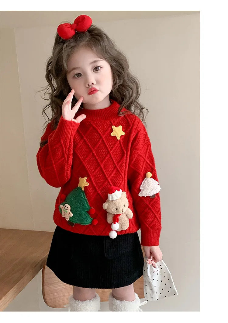 Korean Style Winter Girls Christmas Sweater – Santa & Tree Knit Pullover for Kids 2-8 Years with Velvet & Soft Scarf