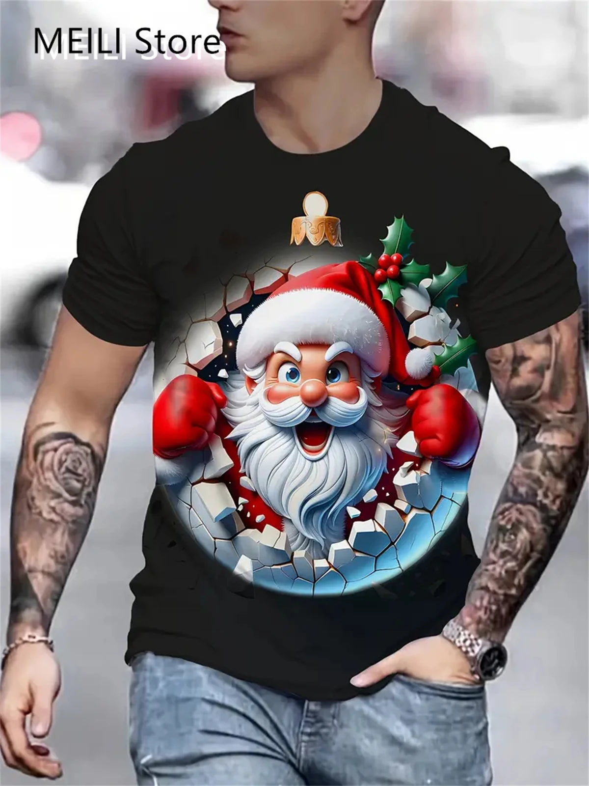 Men’s Christmas 3D Santa Claus Print T-Shirt – Casual Short Sleeve Oversized Holiday Tee, Fashion O-Neck Top for New Year