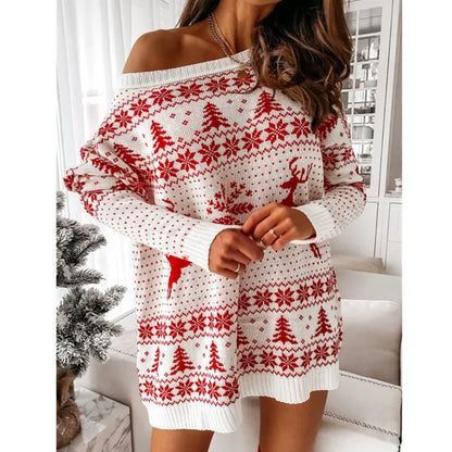 Women's Christmas Slanted Neck Knitted Sweater
