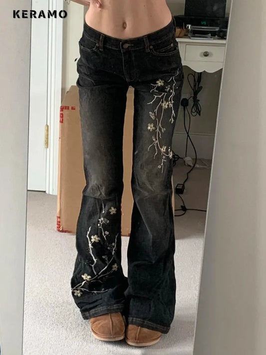 Y2K Floral Embroidery Low Rise Flared Jeans