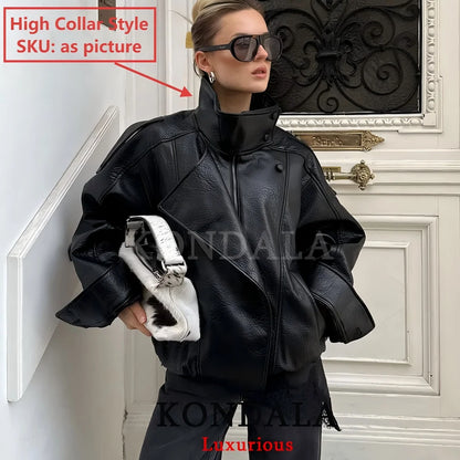 Oversized Black Leather Coat for Women