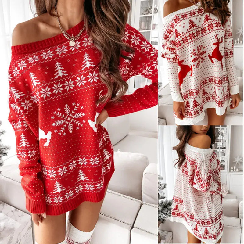 Women's Christmas Slanted Neck Knitted Sweater – Long Sleeve Autumn & Winter Pullover