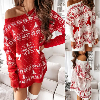 Women's Christmas Slanted Neck Knitted Sweater