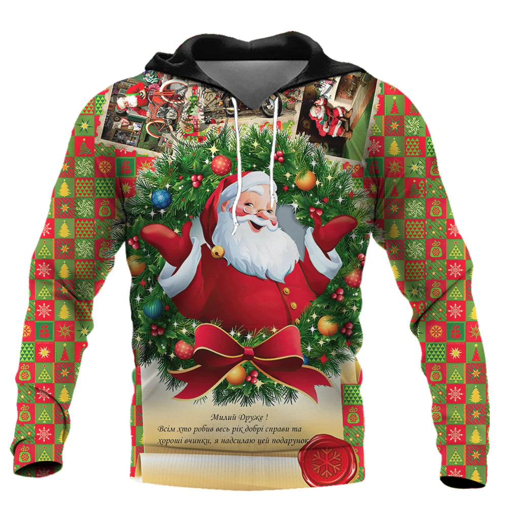 Men's Santa Claus Print Hoodie – Hip Hop Harajuku Oversized Xmas Sweatshirt, Casual Autumn Pullover