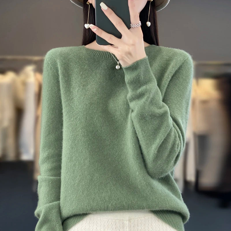 Women’s 100% Merino Wool Sweater – Autumn Winter O-Neck Warm Cashmere-Feel Pullover