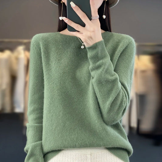 Women’s 100% Merino Wool Sweater – Autumn Winter O-Neck Warm Cashmere-Feel Pullover