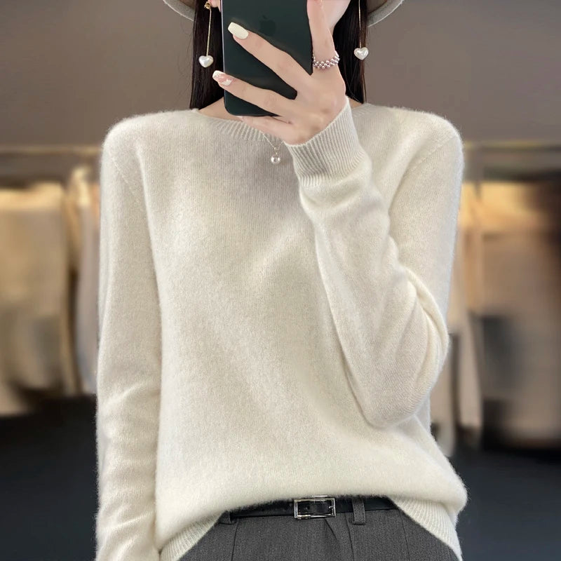 Women’s 100% Merino Wool Sweater – Autumn Winter O-Neck Warm Cashmere-Feel Pullover