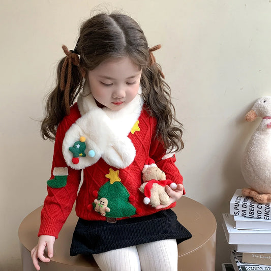 Korean Style Winter Girls Christmas Sweater – Santa & Tree Knit Pullover for Kids 2-8 Years with Velvet & Soft Scarf