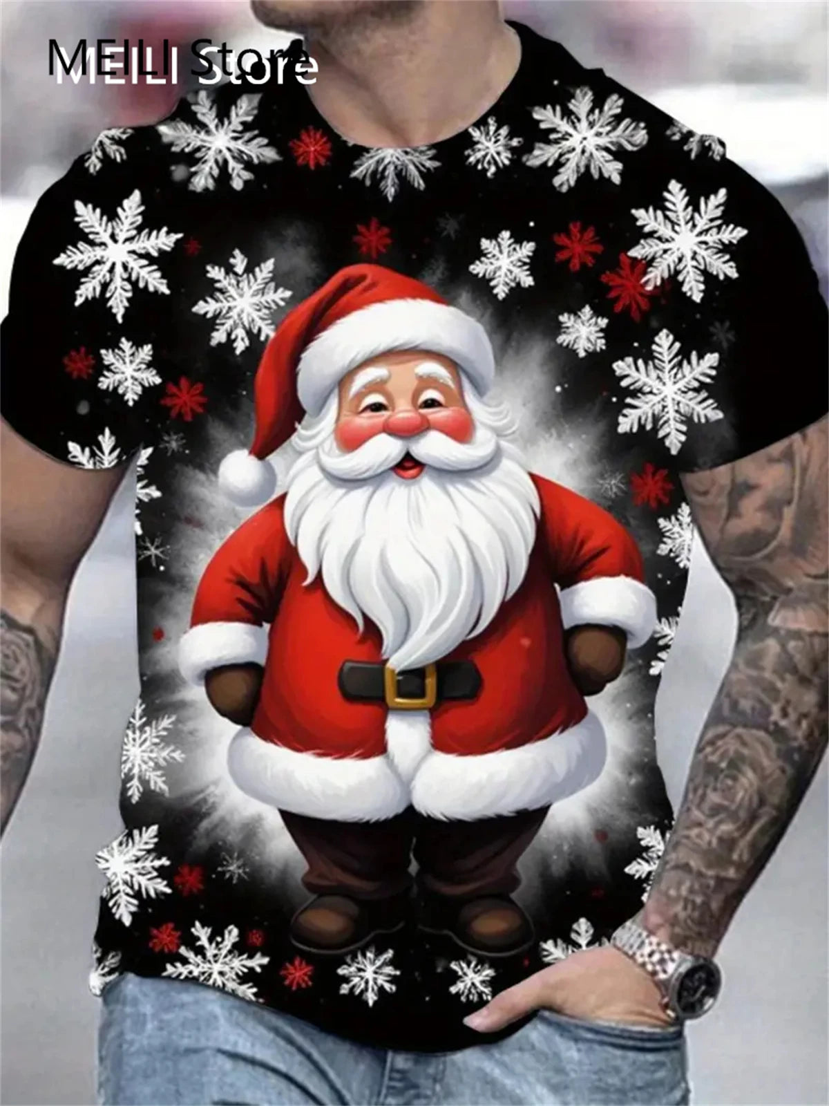 Men’s Christmas 3D Santa Claus Print T-Shirt – Casual Short Sleeve Oversized Holiday Tee, Fashion O-Neck Top for New Year