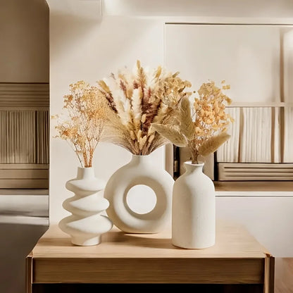 Set of 3 White Ceramic Bohemian Vases