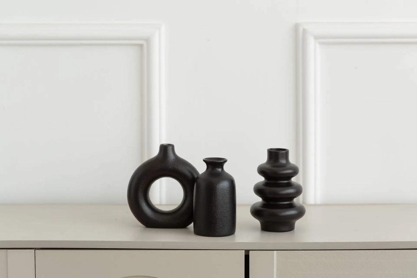 Set of 3 White Ceramic Bohemian Vases