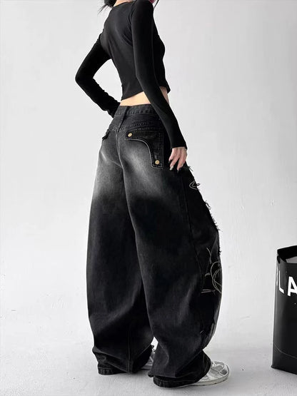 Women's Y2K Wide Leg Embroidered Jeans