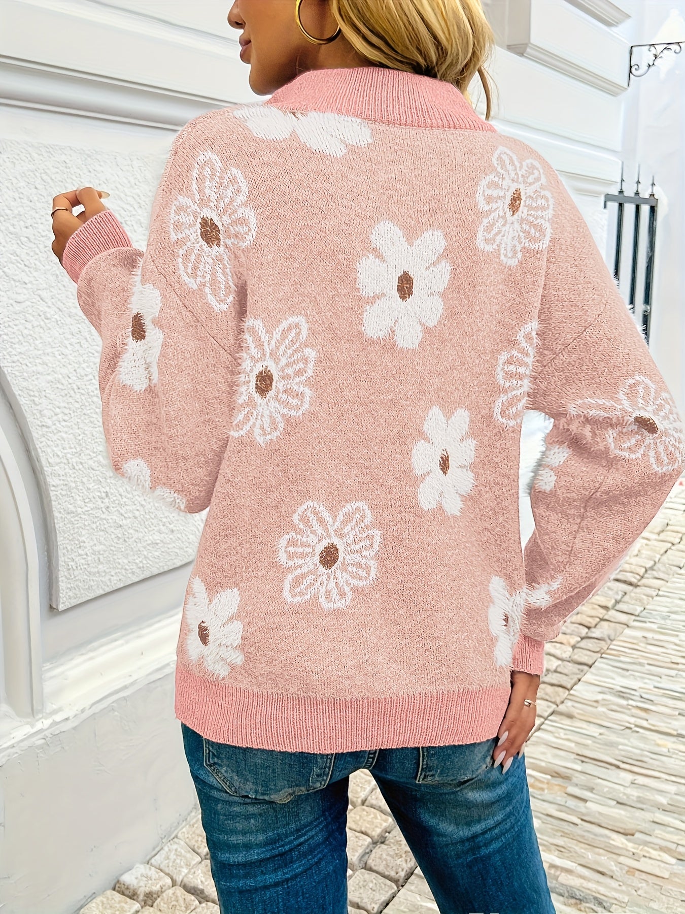 European & American Style Floral Half Zip Pullover Sweater