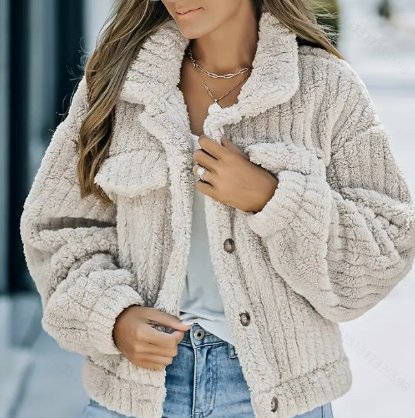 Women’s Thick Plush Fleece Lapel Coat – Cozy Warm Winter Jacket for Everyday Comfort
